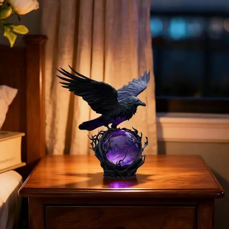 Gothic Glowing Ball Raven Statue, Resin Raven Perched on Lighted Sphere ...