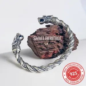 925 Sterling Silver Viking Bracelet Cuff Medieval Style Arm Ring For Men