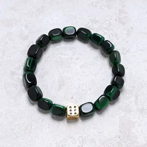 Green Tiger Eye Natural Gemstone Stretch Bracelet With Dice Accent Bead