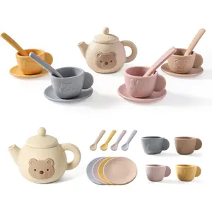 SQ-MTS016 Tea Party Set for Little Girls 1-3 Kids Tea Set 14 Pcs with Silicone Teapot Cups Coasters Carrying Scoop, Kitchen Accessories Pretend Play for Girls Boys Age 3 4 5