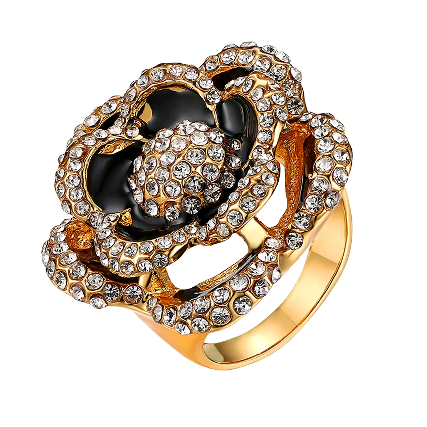 OIDEA Women's Gold-Tone Rhinestone Rose Flower Statement Ring - Antique, Jeweled Gold, Metallic Detailing, Flower Cluster, Girlyish Costume Jewelry Band, Antique Rings, Jeweled Gold Rings