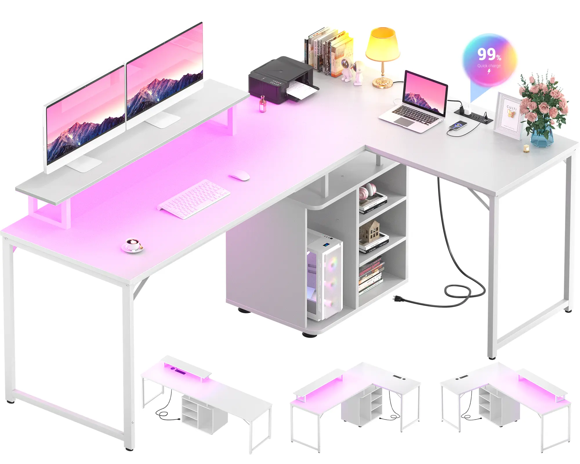 Aheaplus L Shaped Computer Desk with LED Lights & Power Outlet, 58" Reversible Gaming Desk with Wood Cabinet & Storage Shelves, Home Office Desk with Monitor Stand, Corner Desk 2 Person Desk, White