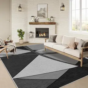 A gray and black geometric patterned home rug, machine washable and fade-resistant, soft and durable, suitable for holidays and any space, including hotels, offices, sofas, bedsides, hallways, etc.