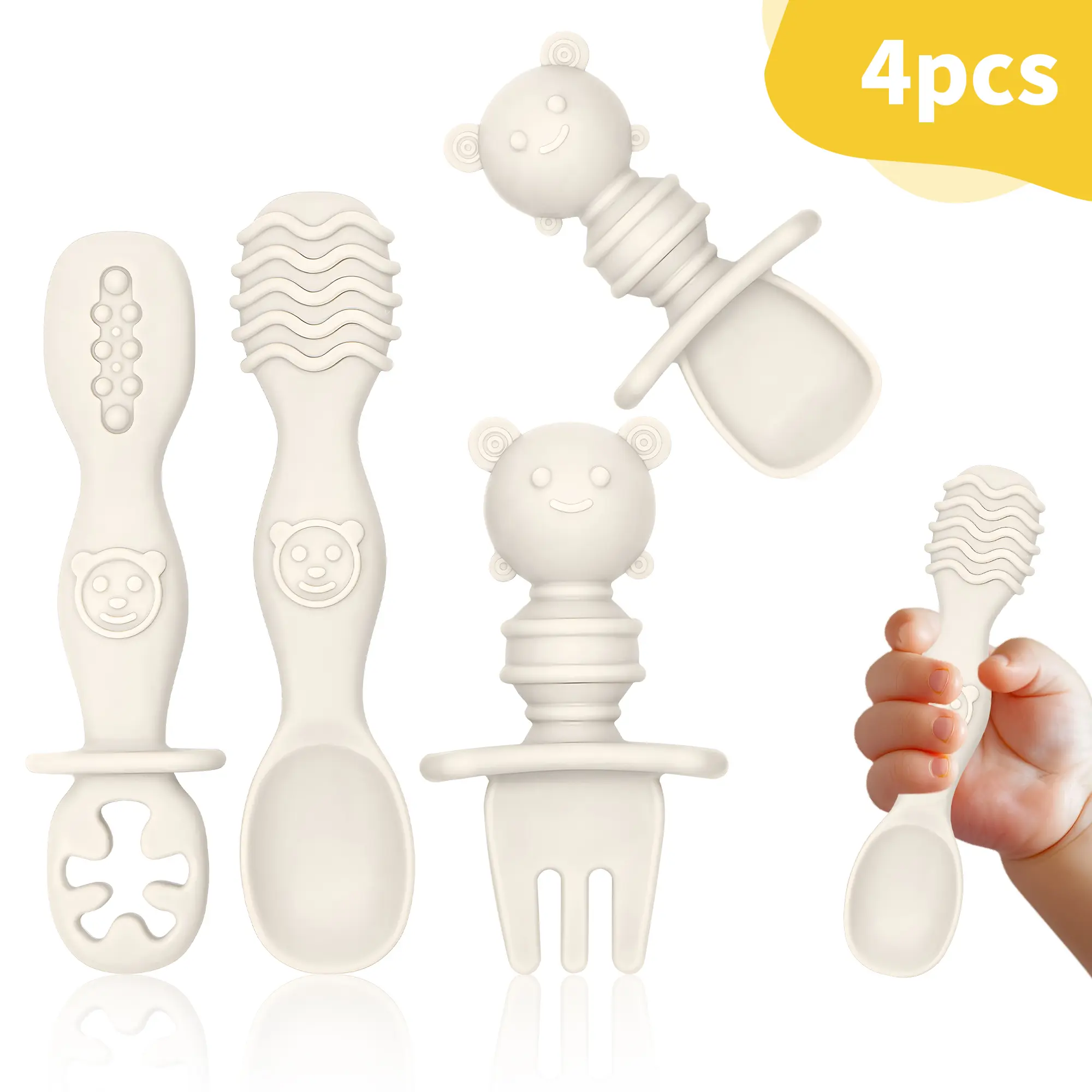 4-Pack Silicone Baby Feeding Spoons, Self-Feeding for Infants 6+ Months, Textured Toddler Utensils, Baby-LED Weaning Spoons, Silicone Utensils Set