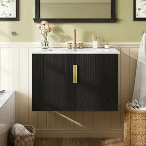 30" Vintage Bathroom Vanity with Ceramic Sink, with 3 Holes Single Ceramic Sink, Bathroom Storage Vanity Cabinet with 2 Soft Closing Doors