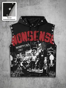 American Hip-Hop Sleeveless Hooded Sweatshirt for Men, Rivet Cartoon Print Streetwear Vest, Casual Medium-Length Loose Fit, All Seasons