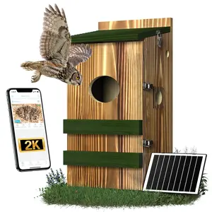 Owl House with Camera Solar Powered,4G Cellular, Anti-Corrosion Varnish Pinewood,Owls Nesting Box for Screech owl, 2K HD, Instant Alerts, Night Vision, APP Control,Nest Box for Outside（NOT WiFi）