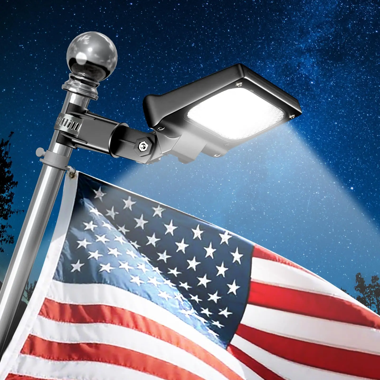 LumenX Flag Pole Light Solar Powered 3 Mode Metal Clamps Fits 5ft 6ft Wall-Mounted Flag Poles Top Mount