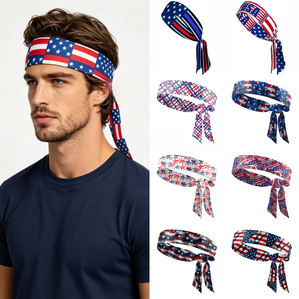 1/2PCS Flag Print Tie Headband, Unisex Sweat-Wicking Non-Slip Breathable Bandana Head Tie, Patriotic Costume Accessory for Holiday Parties & Celebrations