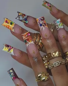Colorful 3D French Tips Candy Nails - Handpainted Summer Press On Nails - Rainbow Rhinestones Fake Nails - Acrylic Nails - Boho Chic Nails