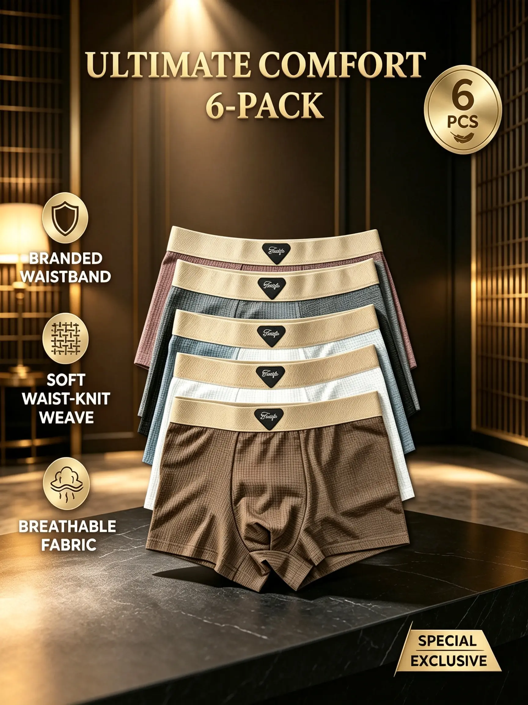 Men's Waffle Knit Boxer Briefs 6-Pack Set, Ultra Soft Stretch Male Underwear with No-Roll Waistband, Breathable for Sports & Casual Wear, Xxl, Breathable Undergarments, Boxers, Houndstooth