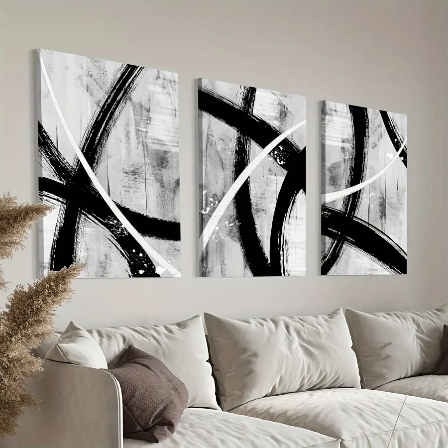 3pcs Framed Black White Abstract Triptych Canvas Print Wall Decor, 2D Flat Home Decoration, Clearance, Luxury Living Room Accessory, Ideal for Halloween, Christmas Gifting, Wardrobe, Balcony, Kid Room