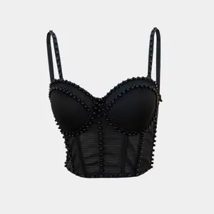 Tube Tank Halter Tops Bra Blusas Short Handmade Beading Mesh Yarn Semi-Sheer Fishbone Corset Summer Rave Outfits Weighted Vests Women Basic Beige Strap Wedding Party Blind Date Stage Party Shaper Sexy Nightclub Clothes Halter Tube Tank Top