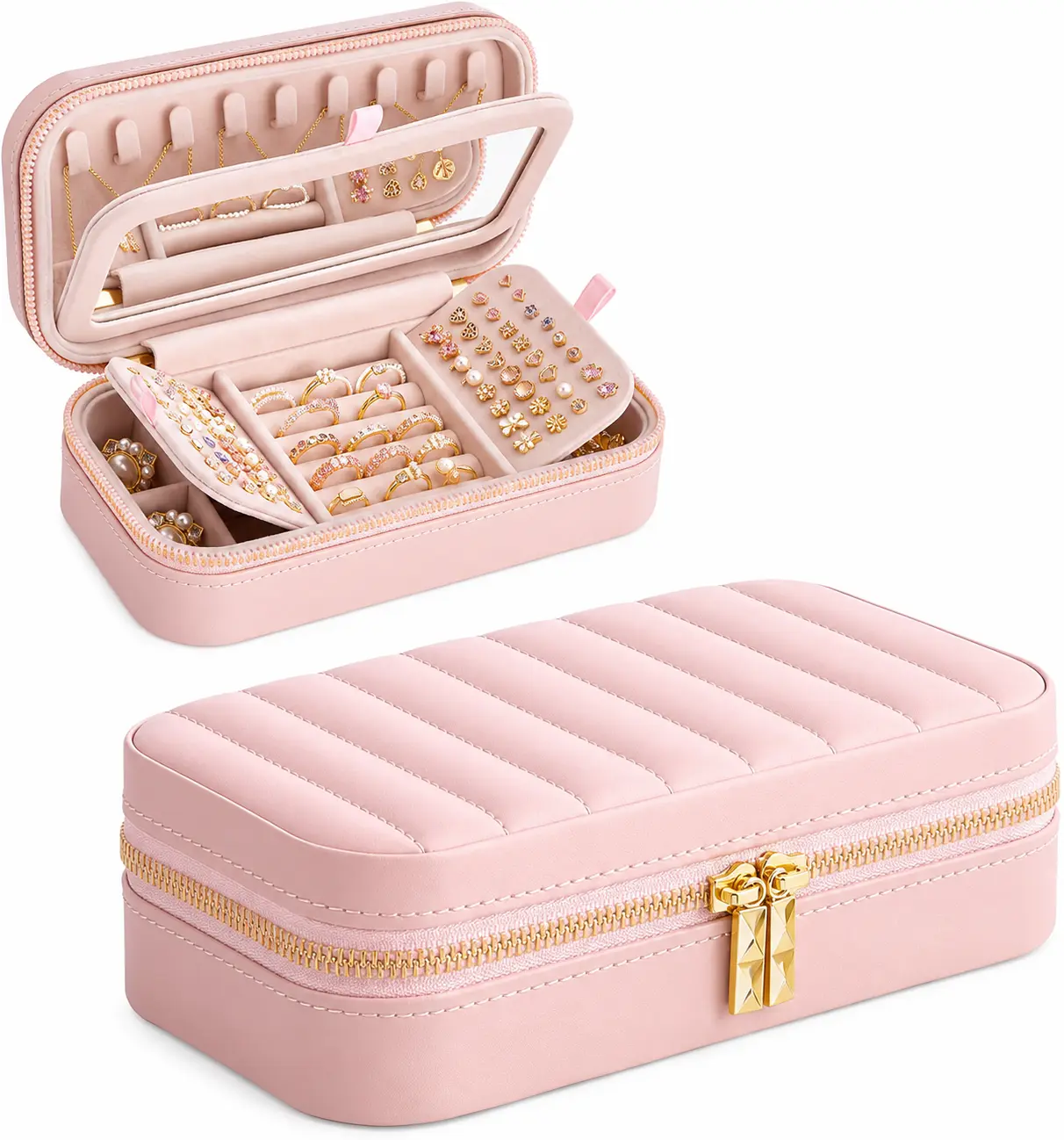 Travel Jewelry Case with Mirror, Portable Jewelry Organizer Box, Quilted PU Leather Storage Case for Rings, Earrings & Necklaces, Jelly Pink
