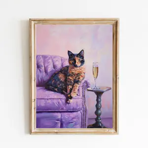 Tortie Cat with Champagne Flute on Purple Sofa Art Print, Cute Quirky Whimsical Art Bar Cart Decor