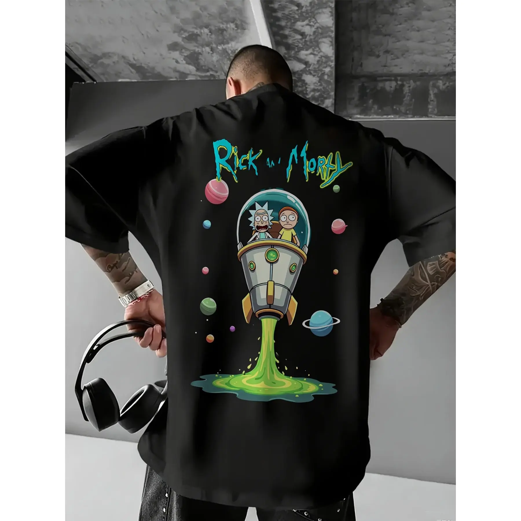 Rick and Morty Men's Graphic Back Print T-Shirt Loose Fit Crew Neck Casual Shirt for Everyday & Formal Outfits Machine Washable Summer Top Cotton T Shirts Durable Fabric Relaxed Fit Top Breathable Material Tshirt Menswear