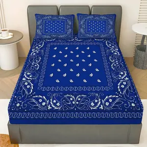 3-Piece Royal Blue Paisley Floral Bed Sheet Set (1 Bed Sheet + 2 Pillowcases, No Core), Summer Bohemian Theme, Headscarf Print Bedding Set, Mattress Protector Soft, Breathable, Bed Sheet Set, King Size Bed Sheet Set, Twin Bed Sheet, Single Bed Sheet Set,