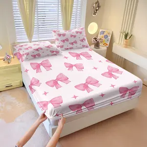 Pink-themed bedding set with bowknot print,Includes 1 Fitted Sheet & 2 Pillowcases without Filler,Multiple styles available,Simple and stylish color scheme with decorative patterns,Suitable for home bedrooms and hotels, Bed Sets