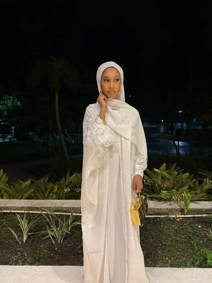 Manira Abaya Set - Long Sleeve White & Baby Blue Elegant Abaya with Hijab Belt & Underdress for Formal Occasions