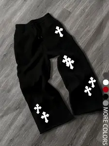 Men's Casual Street Style Cross Print Jogger Pants, Loose Fit Woven Fabric, Fall & Winter Fashion, Trendy for Men