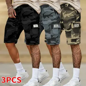 3-pack summer cargo shorts for men with drawstring waist, camouflage print, multiple pockets—outdoor hiking, sports, casual wear; summer clothing