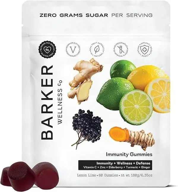 Barker Wellness Immunity Gummies with Vitamin C, Zinc, Elderberry, Turmeric & Ginger for Daily Immune Support | Vegan, Sugar-Free, Lemon-Lime Flavor | Seasonal Wellness Essentials, 60 Count