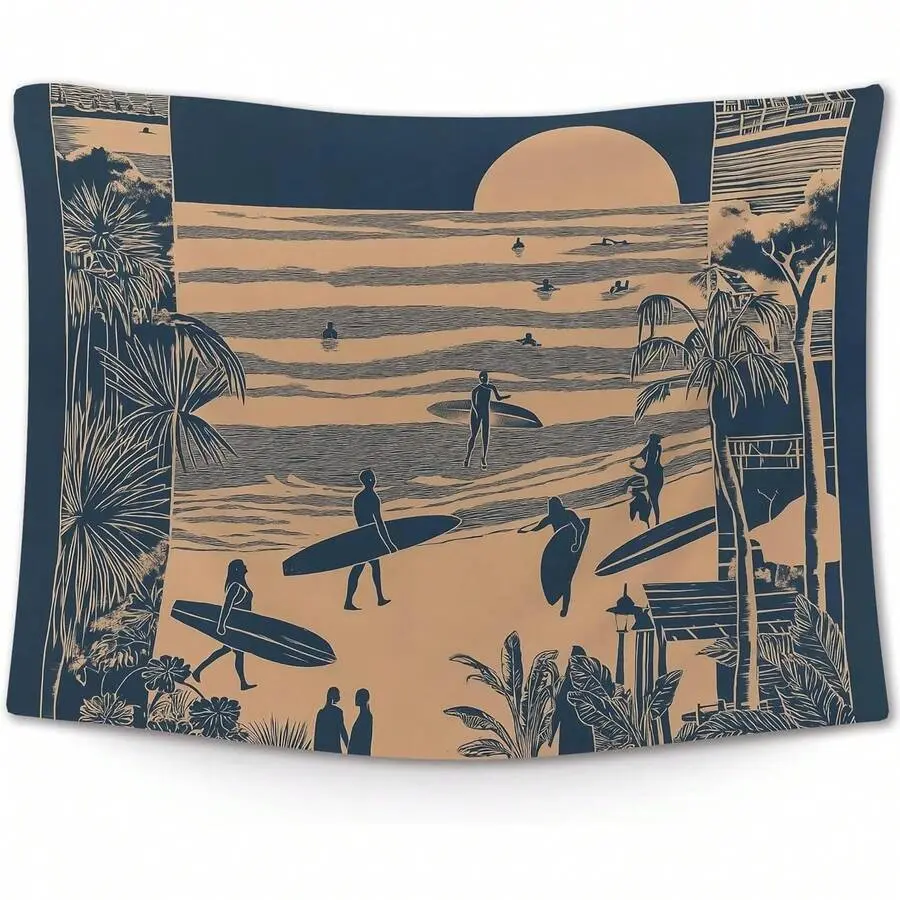 Retro Surfing Summer Ocean Wall Tapestry, Vintage Beach Coastal Wall Decor, Modern Surfboard Pattern Print Art, Blue Wave Aesthetic Room Decor, California Dreamin' Bedroom Hanging