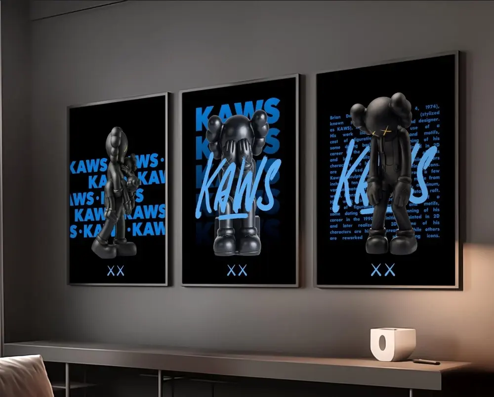 Set of 3 Black And Blue Kaws Art pieces canvas wall home decor Portrait Gallery