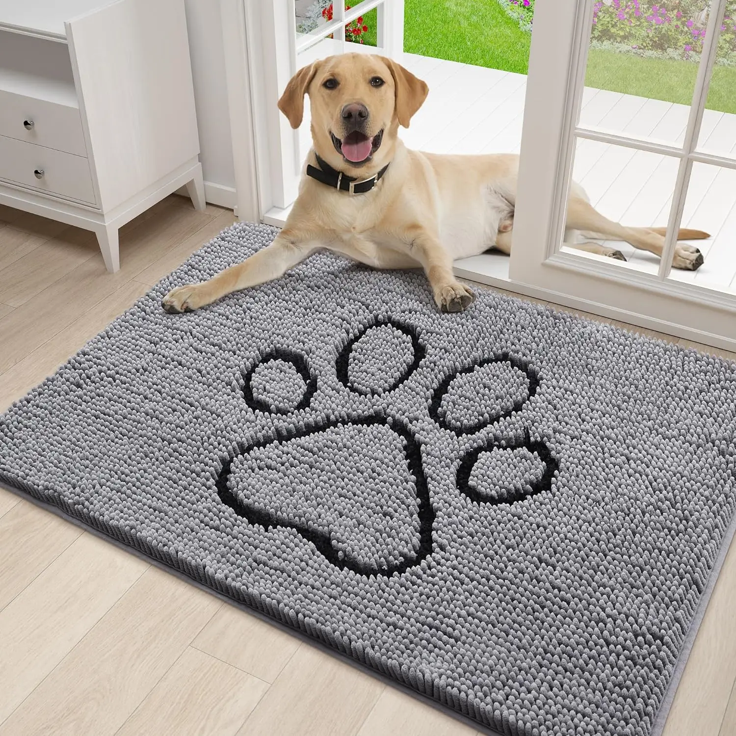 Fluffy Modern Rug Shaggy Area Rug Dog Door Mat for Muddy Paws Absorbent Dirt Trapper Non-Slip Washable Mat 30x20 Inches Grey
