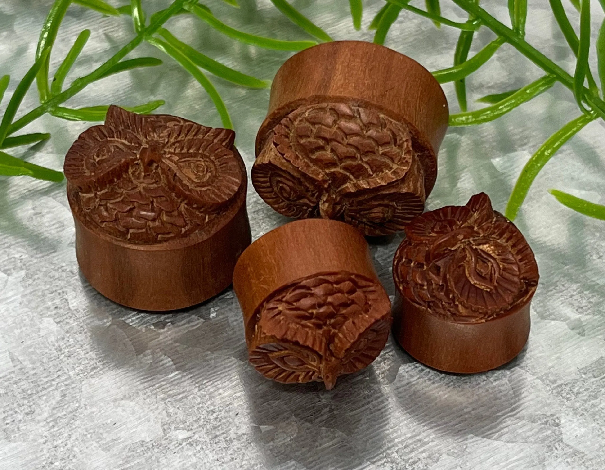 PAIR of Unique Carved Owl in Red Saba Wood Saddle Plug/Tunnels - Gauges 11/16" (18mm), 7/8" (22mm) or 15/16" (24mm)