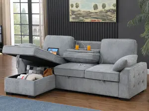 Storage & Pull Out Bed Sofa Couch in Grey & Ivory