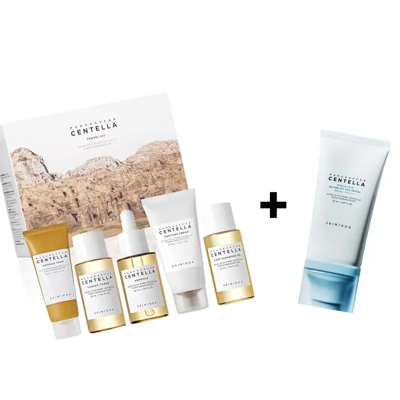 SKIN1004 Madagascar Centella Skincare Set – 5-Piece Travel Kit + Hyalu-Cica Sun Serum 50ml -  Hyaluronic Ampoule Moisturize Calming