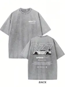 Retro Vintage Creative Pattern "Fast And Furious" Washed T-Shirt Double-Sided Printed T-Shirt Pure Cotton Falling Shoulder T-Shirt Men'S Retro Street T-Shirt Basic T-Shirt Loose Hip Hop