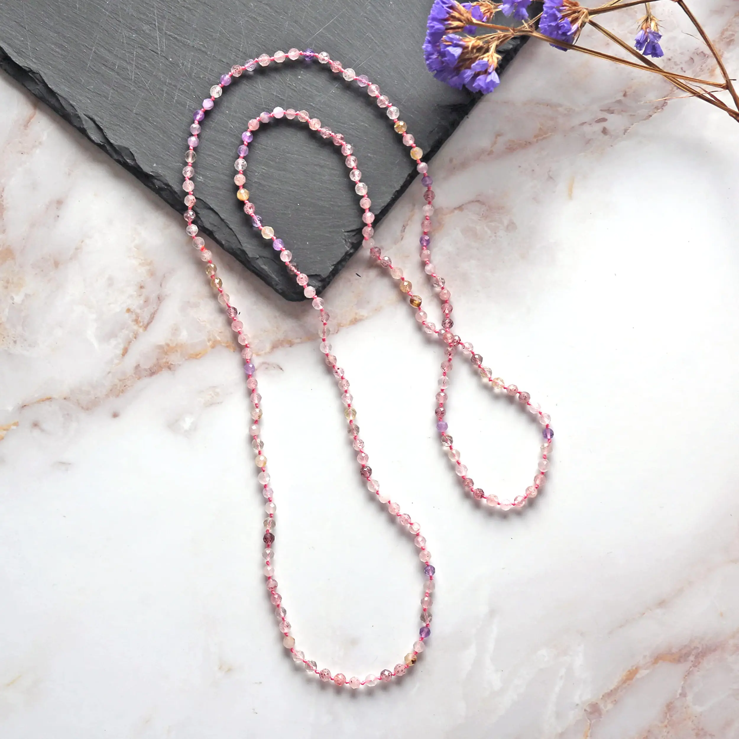 36-inch Opera Length 3.5-5MM Micro-cut Petite Size Semi-precious Stone Dainty Light Weight Mala Chakra Infinity Slip-on Style Beaded Necklace or Wrap Bracelet for Women.