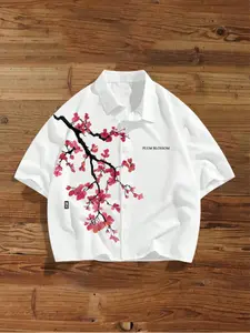 Chinese Ink Plum Blossom Print Short Sleeve Blouse, Traditional Style Loose-Fit Shirt, Casual Fashion Top for Women