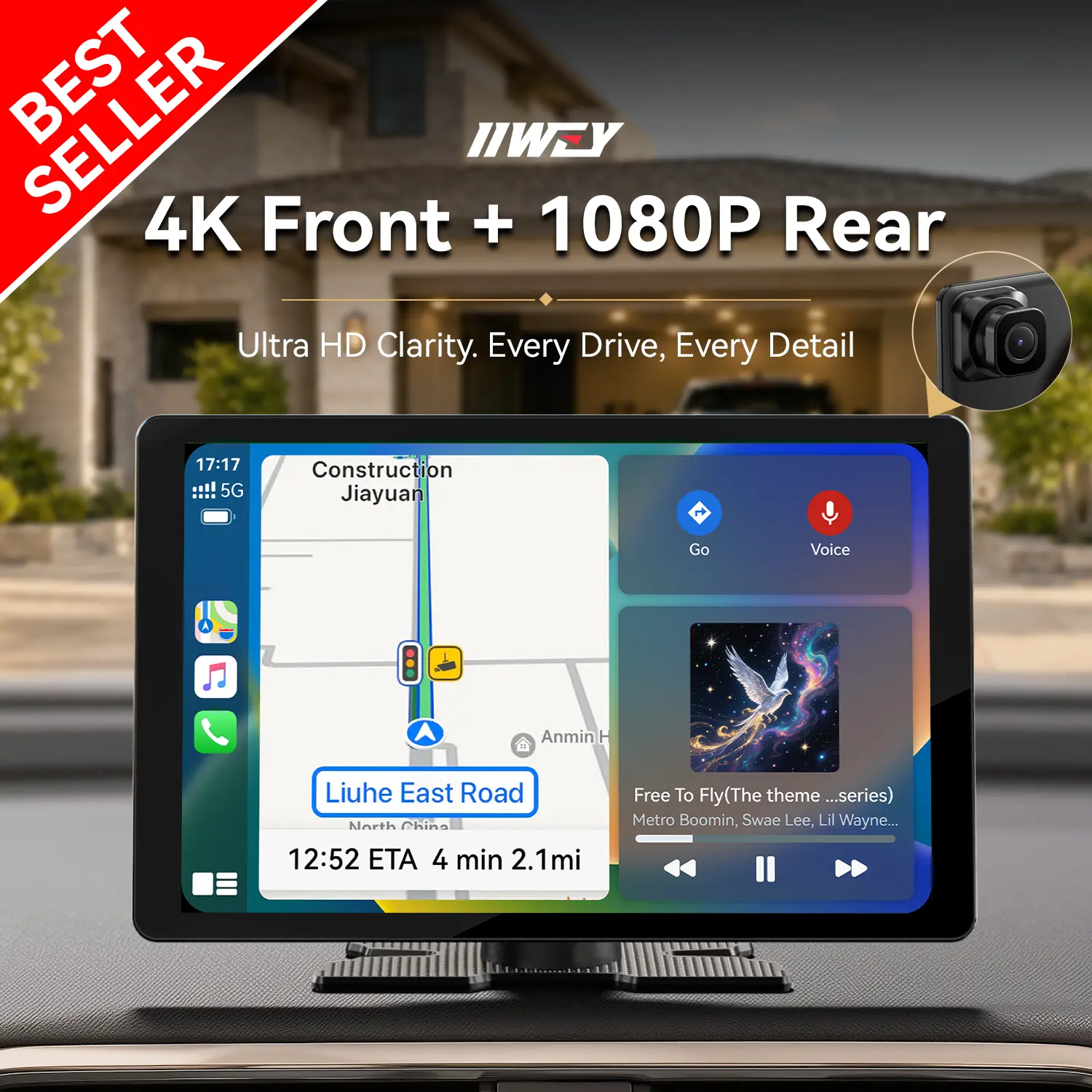 【Best Seller】IIWEY iK11 11inch Extra Large Wireless Apple CarPlay Screen for Car – Ultra-Slim 0.16 Inch Touchscreen Car Stereo with Android Auto, 4K Dash Cam, 1080p Backup Camera, GPS, Mirror Link, Voice Control， FREE 64GB Memory Card