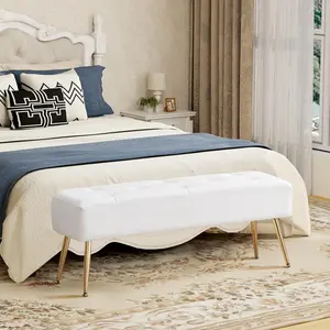 Furnimart Leather White Ottoman Bench, Tufted Button Bedroom Benches Footrest Stool, End of Bed Bench, Indoor Bench for Entryway Living Room Piano