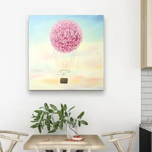 360 Stand Hot Air Balloon Hydrangea Flowers Canvas Wall Print, 32x32 in. Nature Artwork, Floral Home Decor Gift for Wall Decoration, Artistic