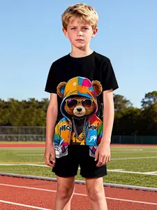 Black-bottom colorful brand sunglasses bear style boys' two-piece set, Outfit, short-sleeve shorts suit, 100% polyester casual loose set, summer fun printed pattern, outdoor sports T-shirt suit, perfect gift for boys