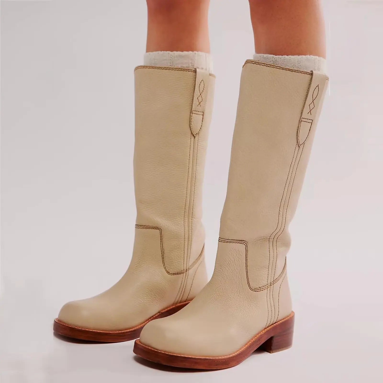 Vintage Knee High Boots for Women, Square Toe Banane Long Riding Boots Chunky Block Heel Comfortable Wide Calf Pull On Campus Boot