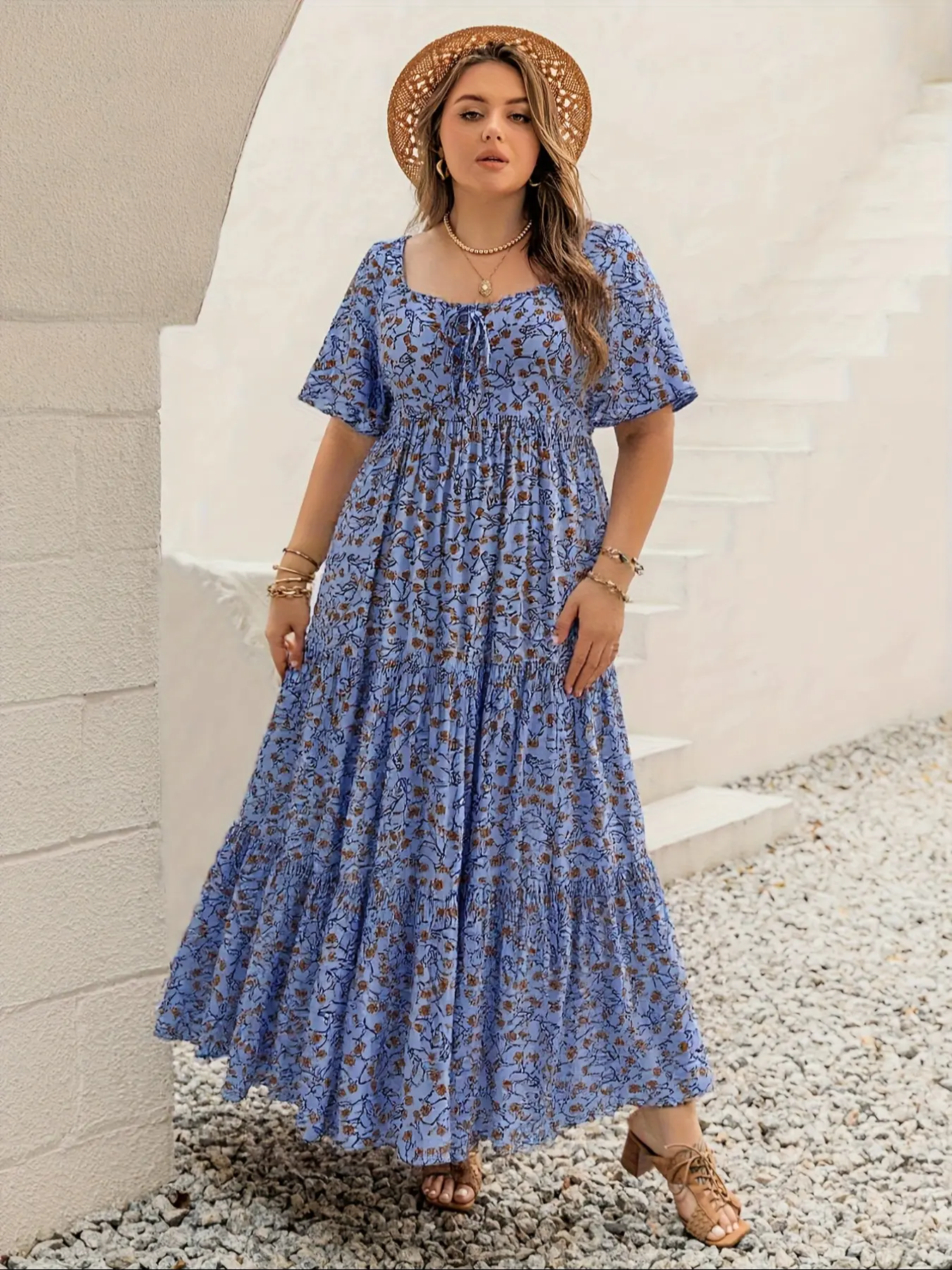Plus Size Floral Print Ruffle Trim Tie Front Dress, Boho Butterfly Sleeve Square Neck A Line Casual Dress for Summer Beach Vacation Holiday, Women's Clothes for All Seasons - TikTok Shop Plus Size Floral Print Ruffle Trim Tie Front Dress, Boho Butterfly Sleeve Square Neck A Line Casual Dress for Summer Beach Vacation Holiday, Women's Clothes for All Seasons - TikTok Shop