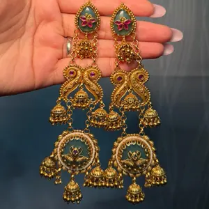 Kashmiri Earrings - Gold Color with Floral Design and Hanging Jhumkas for Women