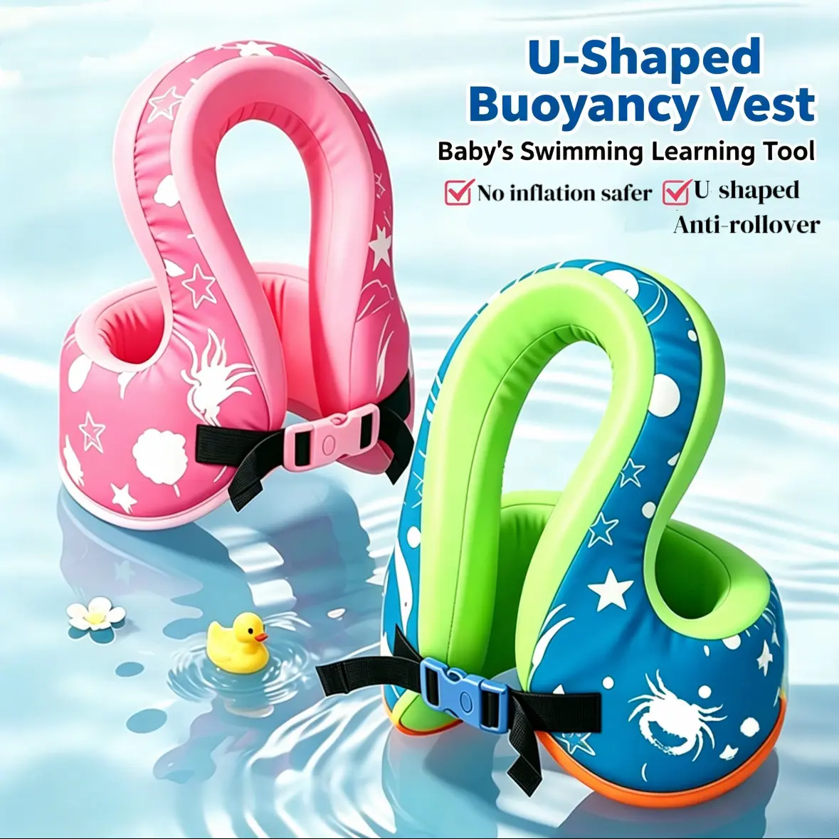 Toddler Swim Vest with Ocean Star Pattern, U-Shaped Foam Swimming Learning Tool with Anti-Rollover Ergonomic Design, Adjustable & Portable Buoyancy Training Equipment, Buoyancy Vest, Children