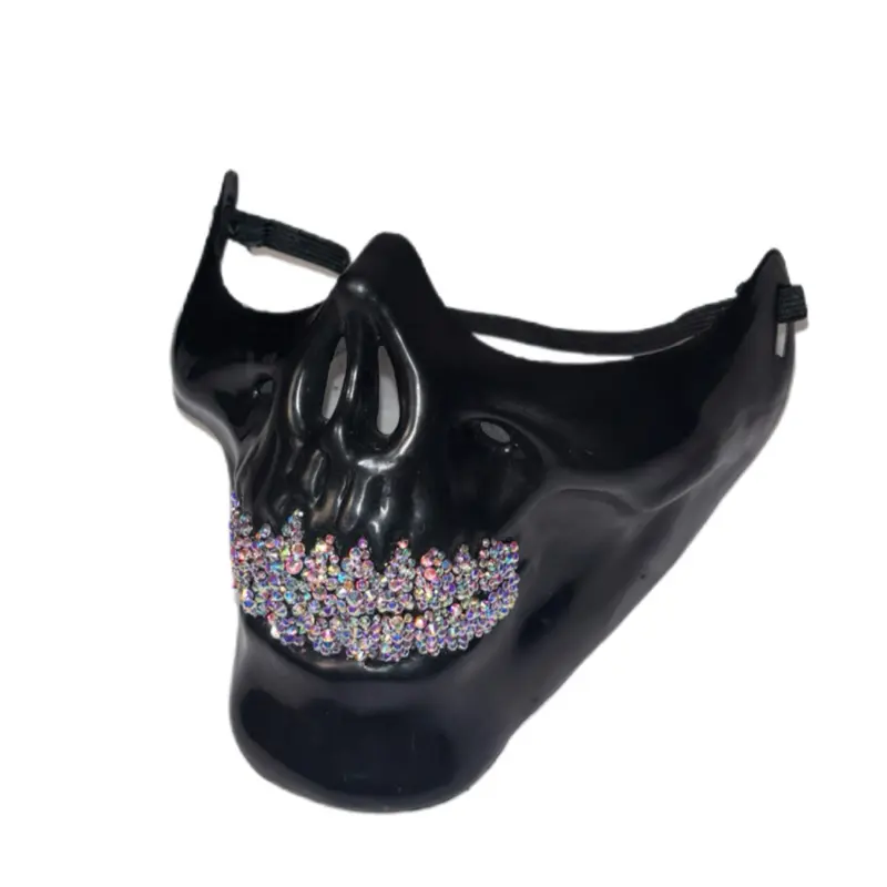 Black Half Skull Mask With Blinged Out Grillz
