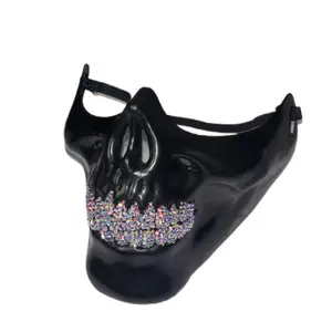 Black Half Skull Mask With Blinged Out Grillz