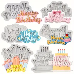 6PCS Happy Birthday Cake Mold Silicone Mold Pad, Baking Fondant Cake Molds Candy Making Chocolate Molds Crafts for Cake Decoration Tools
