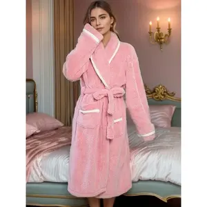 Women's Colorblock Plush Robe, Thickened Long Bathrobe with Belt, Casual Fall Winter Sleepwear, Warm Home WearRAIMENTRY