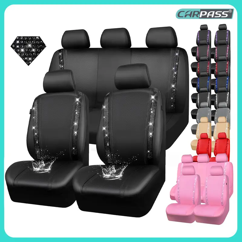 CAR PASS Bling Car Seat Covers, Shining Rhinestone Diamond Waterproof Leather,Interior Decor,Universal Fit Glitter Crystal Sparkle for Cute Women Girl
