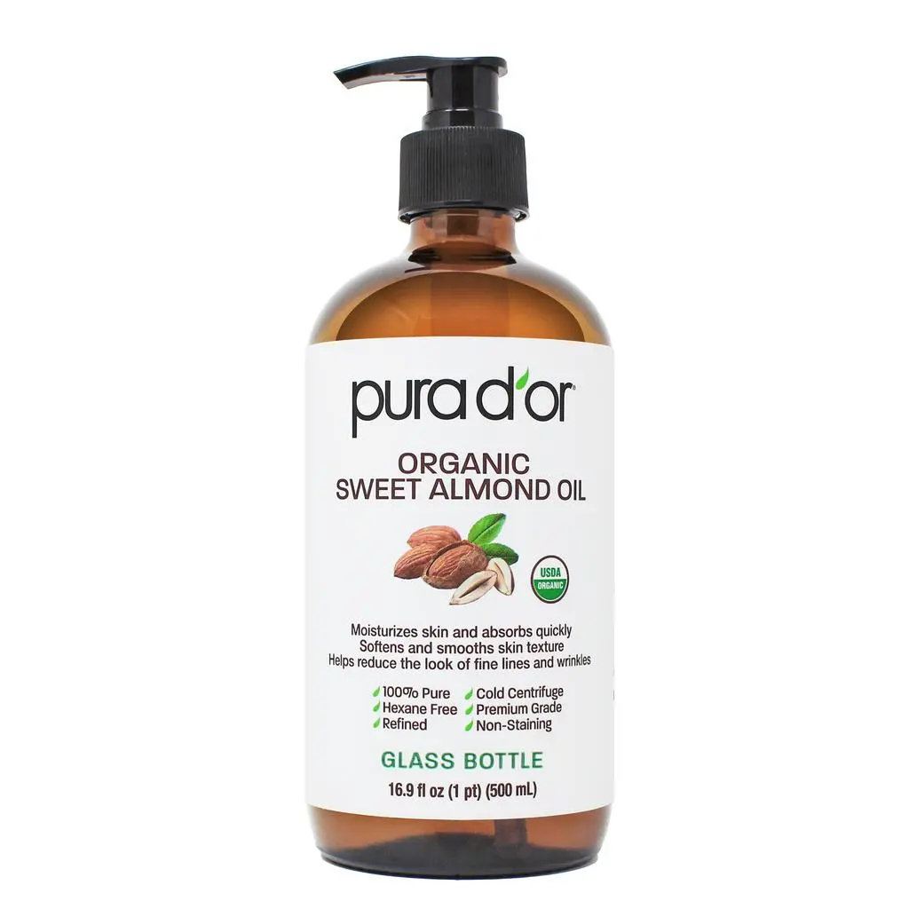 PURA D'OR Organic Sweet Almond Oil 16.9oz (500ml) Glass Bottle – Cold Pressed Almond Oil for Skin, Hair & Face, Carrier Oil for Massage, Dry Skin Moisturizer & Hair Softening Care