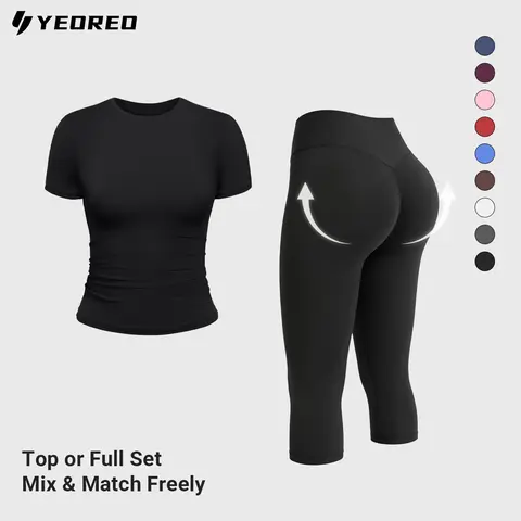 YEOREO Women's 2-Piece Fitted Activewear Set - High Waisted No Front Seam Body Shaping Scrunch Capris, Double Lined Crop Top, High Stretch Fitness Exercise Wear for Summer, Travel